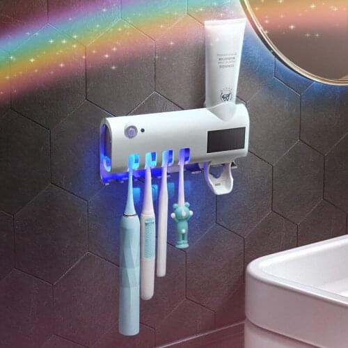Toothpaste Dispenser UV Toothbrush Sterilizer Holder Bathroom Wall Mount Automatic Toothpaste Squeezer Dispenser Storage Rack