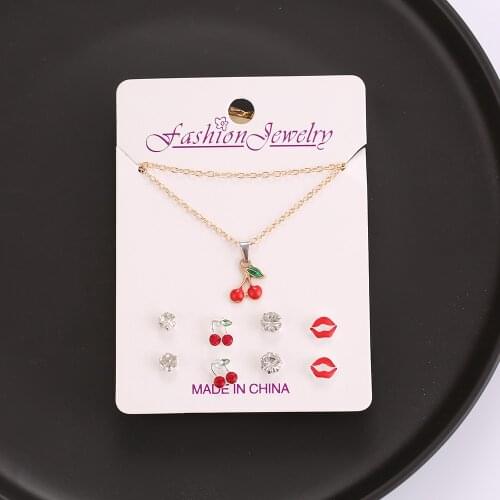 HTZZY New Fashion Jewelry Set for Women Cute Cherry Necklace Creative Lips Crystal Stud Earrings (1 Necklace+4 Pairs Earrings)