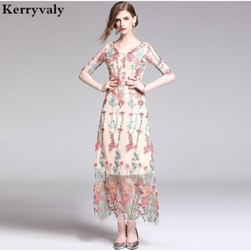 Retro Flowers Embroidered Mesh Summer Dress Vestidos Verano 2021 Mujer High-Waisted Midi Dresses Women Party Sukienki K6618