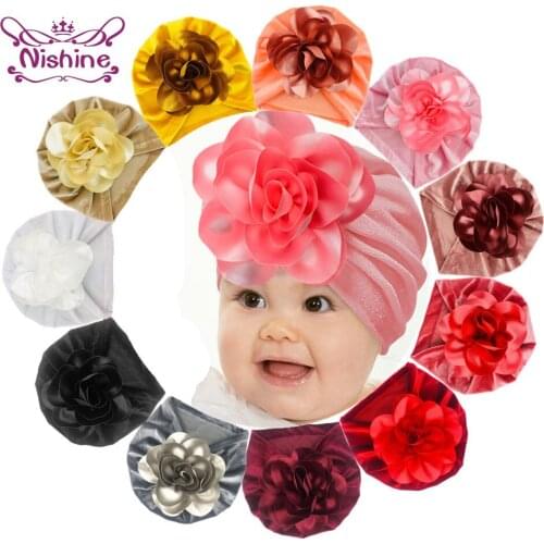 Nishine Autumn and Winter Fashion Warm Infant Hats Solid Color Handmade Flowers Baby Indian Caps Kids Accessories Holiday Gifts