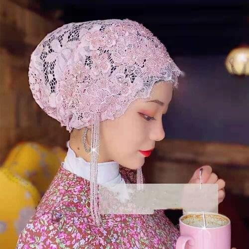 Muslim Lace Women Hat Cap Headwraps Headscarf Islam Saudi Arabia Tassel New Spring Summer Female Sophia Hijab Embroidery