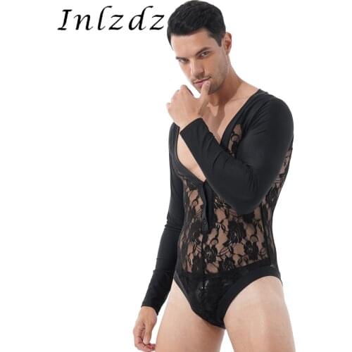 Men See-through Floral Lace Patchwork Lingerie Sexy Bodysuit Deep V Neck Long Sleeve Button Male Leotard Jumpsuit Nightwear