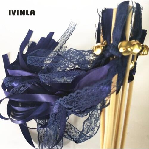 Newest 50pcs/lot navy Lace Wedding Ribbon Wands and big Bells for wedding decoration