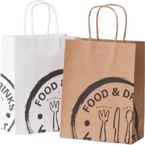 Wholesale 500/Pcs Recyclable Take Away Food Packaging Bag for Shopping Gift Kraft Paper Bag Brown White Grocery Tote with Handle
