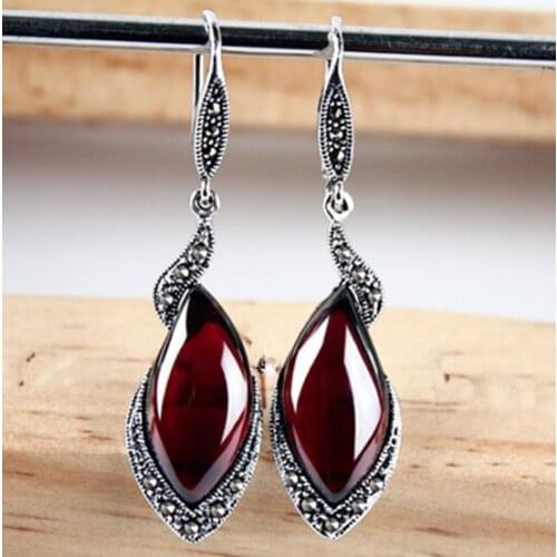 Vintage Silver Garnet Earrings green chalcedony gem Earrings Korean long jewelry silver female temperament