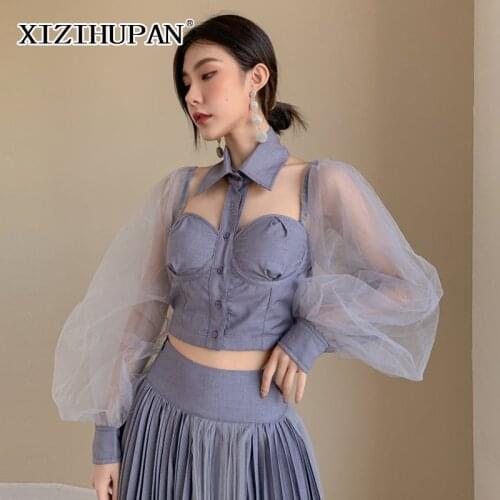 XIZIHUPAN Patchwork Mesh Lantern Sleeve T Shirt For Women Sexy Off Shoulder T Shirts Female Fashion Spring Clothing 2021 Style