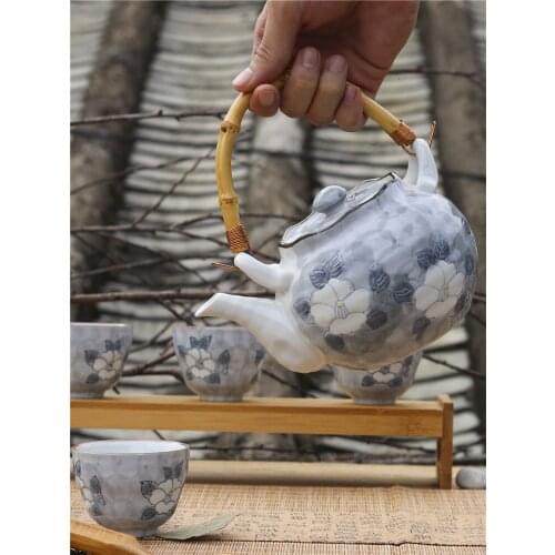 Japanese tea ceremony ceramic tea set with underglaze color hand-painted tea pot cup porcelain flower kungfu teaware