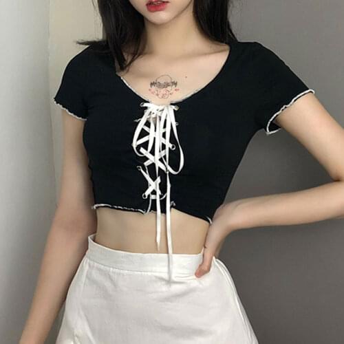 Summer Sexy Bandage Hollow Lace-Up T-Shirt Women Ladies Fresh Casual Short Sleeve O-neck Ruffle Slim Crop Top Shirt Clothes