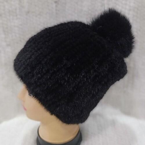 Women Knitted Natural Mink Fur Hat With Pompom Winter Warm Thick Fluffy Good Quality Natural Fur Cap Female Fox Fur Ball Caps