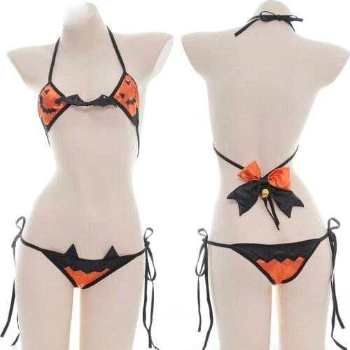 Womens Cosplay Halloween Lingerie Sexy Halter Bikini Suit Kawaii Bell Pumpkin Devil Bandage Pajamas Set Gothic Lolita Role Pla