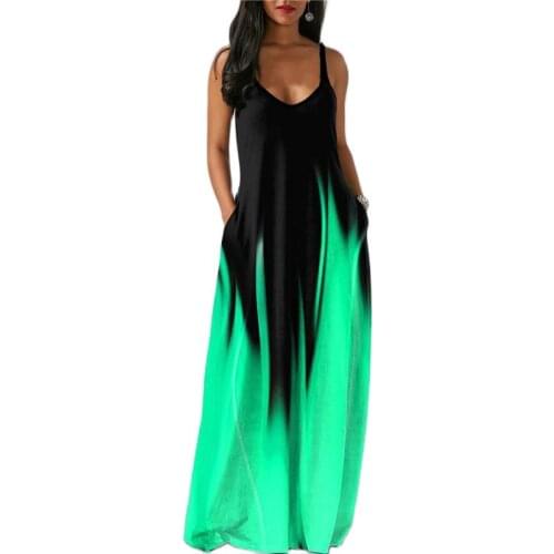 2021 New Women Dress Fashion Gradient Sexy Spaghetti Strap Dress Summer Sleeveless Loose Pocket Ladies Dress Plus Size Clothing