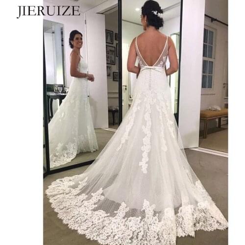 JIERUIZE white lace appliques backless Wedding Dresses V-neck Wedding Gowns Bride Dresses robe mariage