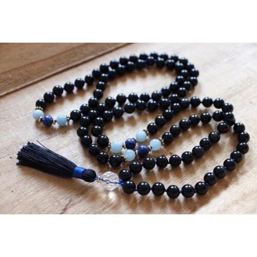 108 Mala Bead Necklaces Natural Black Onyx Mala Necklace Yoga Meditation Necklaces Fashion Tassel Hand Knotted Prayer Necklace