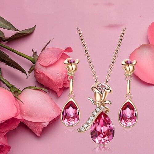 2021 New Rose Flower Uses High-Quality Environmentally Friendly Copper Natural Crystal Necklace Ear Jewelry