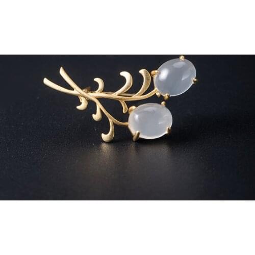 925 Sterling Silver Brooch Willow Leaf Pins Chalcedony Natural Stone Brooches Gold Plated Pin Luxury Fine Jewelry Banquet