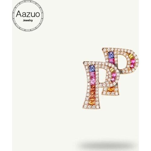 Aazuo 18K Jewelry Rose Gold Natural Coloured Gemstone Real Diamond Initial Lucky 26 Letters Stud Earring gifted for Women Au750