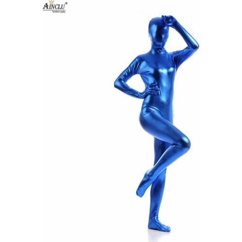Ainclu Hot Selling Fullbody Blue Glue Metallic Zentai for Hallween Shiny Spandex Spandex Long Sleeve Female Sexy Bodysuits