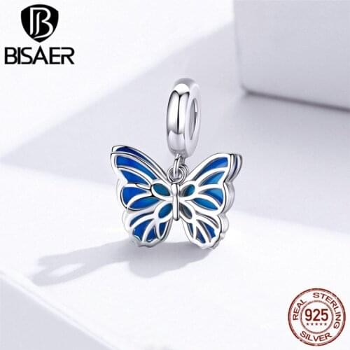 Butterfly Beads BISAER 100% 925 Sterling Silver Blue Enamel Butterfly Pendant Charms fit Dangle Bracelets DIY Jewelry EFC149
