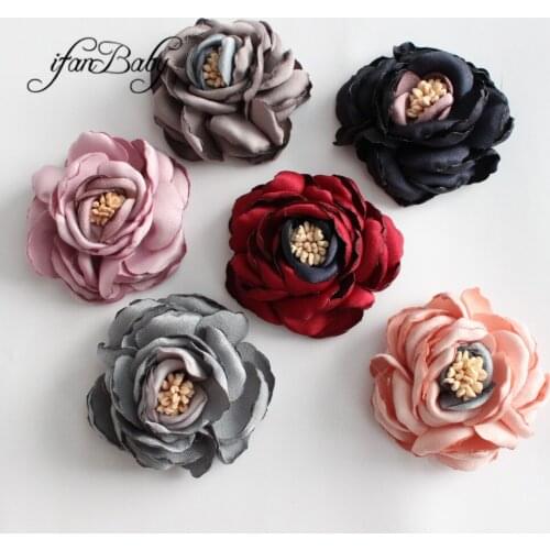 6cm Singed Layered Poppy flower For Kids Girls DIY Hair Accessories Burned Satin Rose Flower with stamen fabric flowers