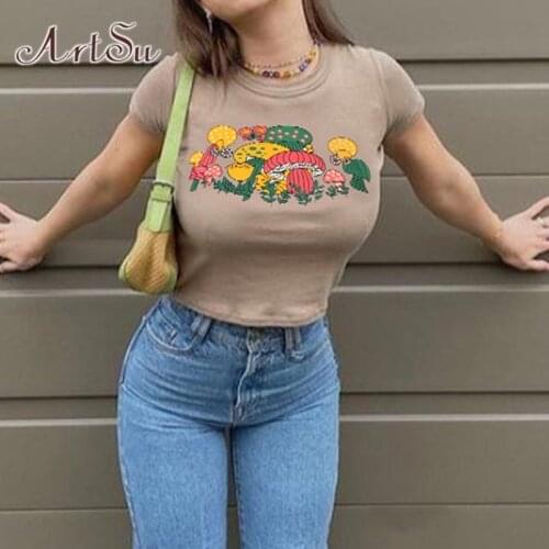 ArtSu Aesthetics Mushroom Pattern Baby Tees Y2K Streetwear O-Neck Short Sleeve Kawaii Crop Tops 90s Fashion T-shirts TS52789