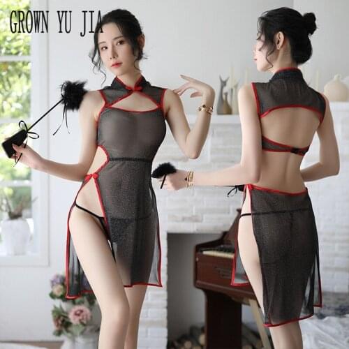 Erotic Cosplay Costume Perspectivity Gauze Qipao Sexy Backless Cheongsam Dress Porno French Maid Uniforms Hot Lingerie Sex Skirt