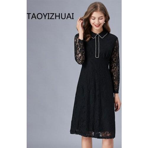 Taoyizhuai brand dress spring and autumn new super fairy sweet Lace Baby collar high waist show thin black large skirt