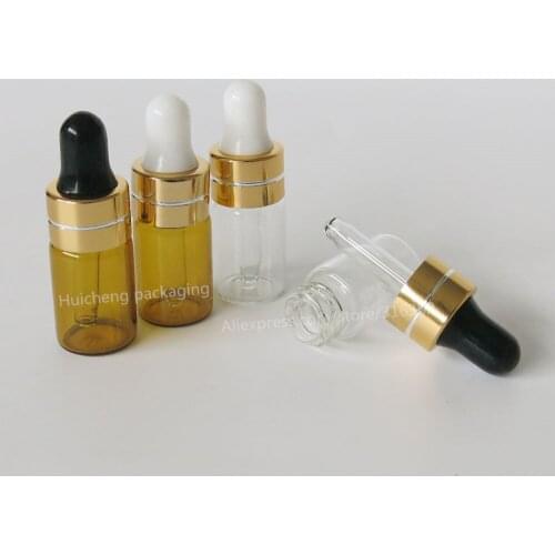 500 x Mini 3ML Clear Amber Dropper Bottle Jars Vials With Pipette Gold Cap For Cosmetic Perfume Essential Oil Bottles