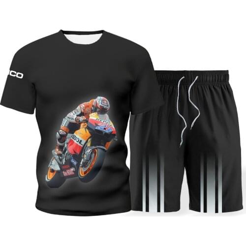 Mens set fashion casual sportswear set new round neck T-shirt Harajuku Street 3D printing motorcycle short sleeve shorts