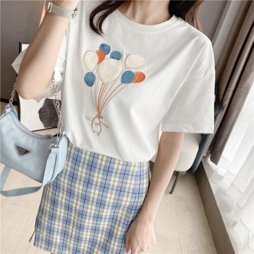 LYZCR Summer Cotton Printed T-Shirt Women Basic Embroidery T Shirt for Women Korean Loose Tees Ins Casual Female Tops