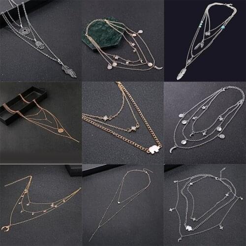 XIYANIKE Multilayer Feather Moon Pendant Necklace 2021 Trendy Long Tassel Chain For Women Punk Fashion Charm Party Gift Jewelry