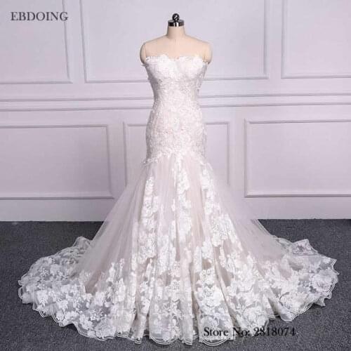 Real Photos Vestidos De Novia Charming Lace Wedding Dress Mermaid Sweetheart Neckline Strapless Plus Size Bride Gown