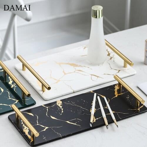 Marble Texture Trays Decorative Gold Handle Glazed Ceramic Plates Jewelry Tray Cosmetics Organizer Dressing Table Decoration