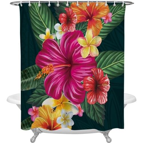 Green Plant Red Hibiscus Bathroom Shower Curtain Polyester Fabric Waterproof Shower Curtains with Hooks
