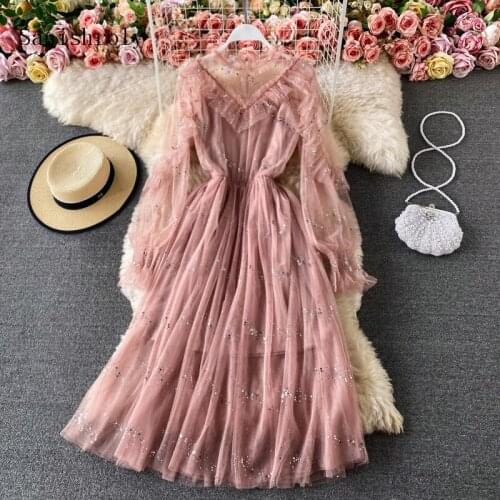 Puff Sleeve Sequined Mesh Dress 2021 Spring Two Pieces Fairy Women Ruffles Lace Dresses Lady Sweet Long Large Hem Party Vestidos
