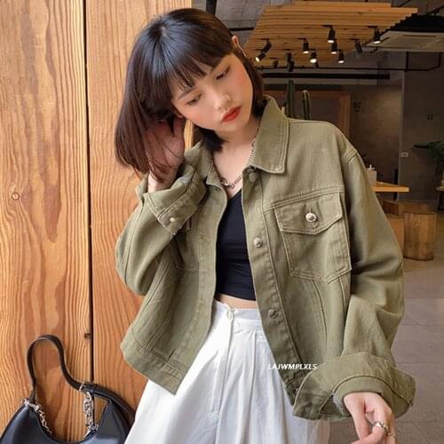 Women Boyfriend Denim Jackets Green Black 2021 Spring Streetwear Solid Jeans Jackets Women Denim Jackets Coats Outwear