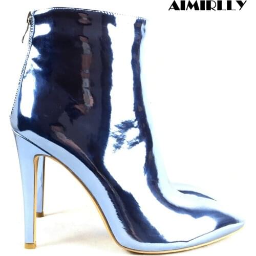 Womens Shoes Pointed Toe Ankle Boots Metallic High Heels Booties Stiletto Ladies Autumn Winter Clubwear Party Footwear Zip