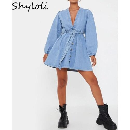 Shyloli 2022 Washed Denim Dress New Style Womens Long-Sleeved Cardigan V-neck Big Swing Women Denim Mid-Length Dress Jacket