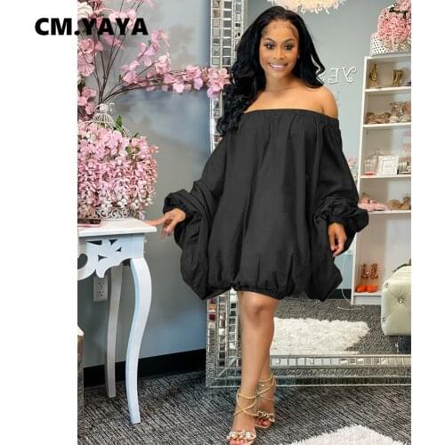 CM.YAYA 2021 Women Mini Dress Full Sleeve Slash Neck Stretchy Bodycon Dresses Sexy Street Loose Vestidos Summer Autumn Outfit