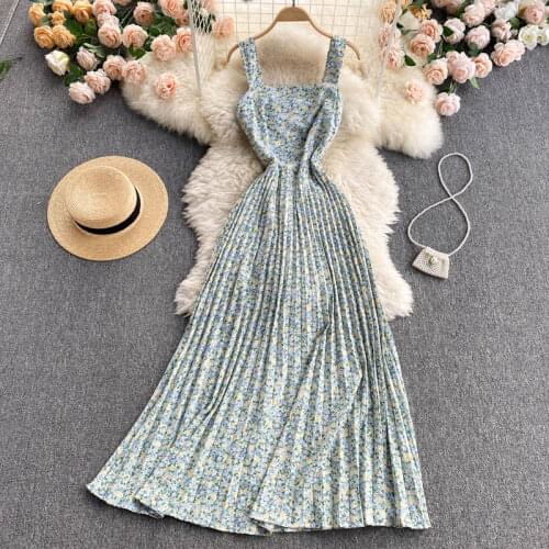 Sweet Floral Maxi Vestidos Womens Summer Dress 2021 New Square Neck Pleated Chiffon Holiday Style Sling Dress GL132