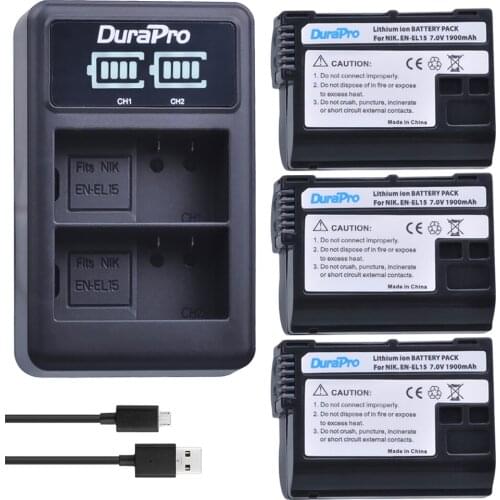 3 x DuraPro EN-EL15 EN EL15 Battery + LCD USB Dual Charger for Nikon D800E D800 D600 D7100 D7000 D7100 V1 MB-D14 Camera battery