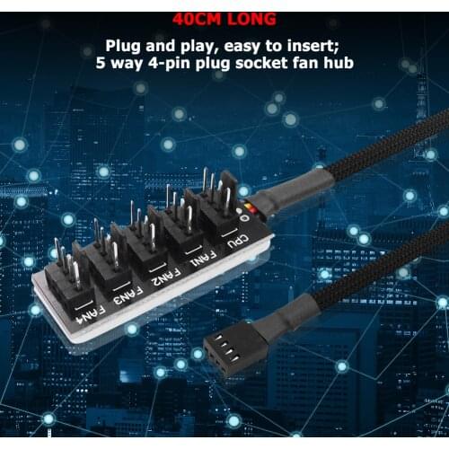 40cm 1 to 5 4-Pin PWM Fan CPU HUB Splitter PC Case Cooler Power Adapter Hub Splitter Adapter Black Sleeved Jacket