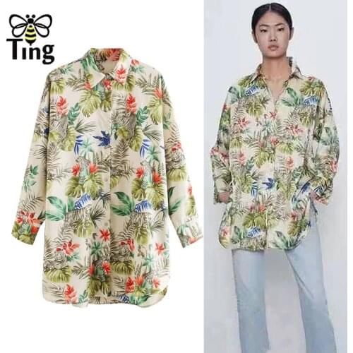 Tingfly Summer Casual Tropical Leaf Leopard Print Long Women Blouses Button Up Streetwear Fashion Female Summer Blusas Zaful Za