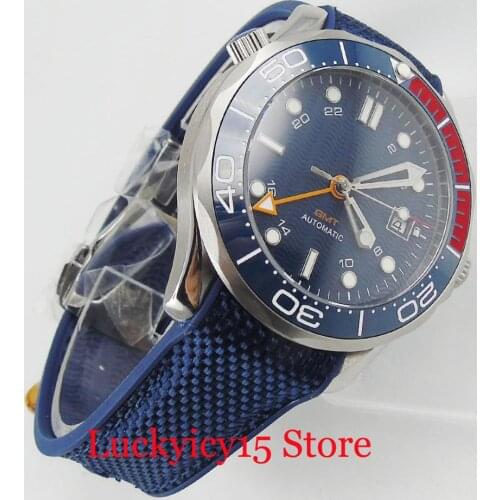 BLIGER Brand 41mm Automatic Men Watch Sapphire Glass GMT Hand Rotating Bezel Rubber Strap