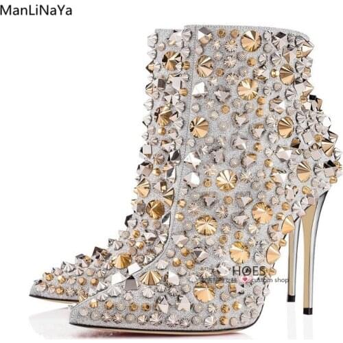 Manlinaya Brand Design Leather Spikes Women Ankle Boots Autumn Zipper Stud Women Shoes Gold Silver Rivet Female Chelsea Boots