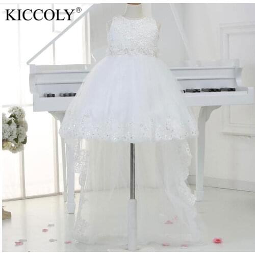 White Princess Children Flower Girl Dresses For Weddings Kid Girls Lace Party Pageant Dress With Long Train For Baby Glitz