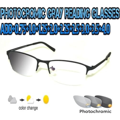 Photochromic Gray Reading Glasses Ultralight Trend High Quality Fashion Men Women Black Metal Frame +0.75 To +4.0