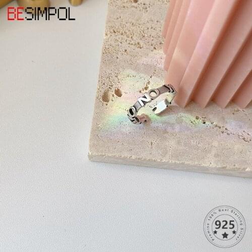 Besimpol Genuine 925 Sterling Silver Ring Vintage English Letter YES OR NO Adjustable Open Rings For Women Fashion Fine Jewelry