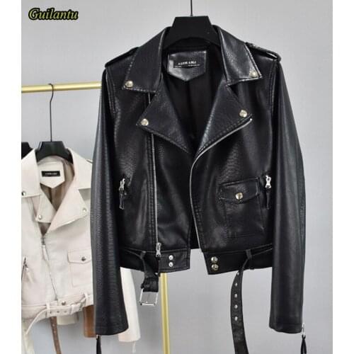 Guilantu Spring Autumn Ladies Pu Leather Jacket Turn-down Collar Zipper Smlin Motorcycle Biker Coat Female Faux Leather Blazer