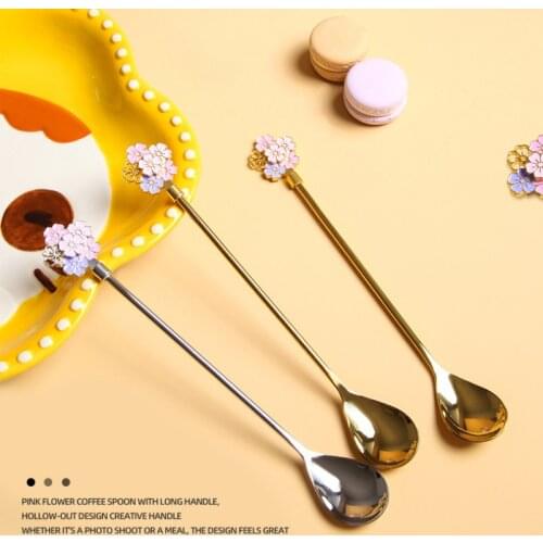 Coffee Mixing Spoon Stainless Steel Spoon Cherry Blossom Ong Handle Spoon Small Round Dessert Spoons Kitchen Seasoning Mug Spoon