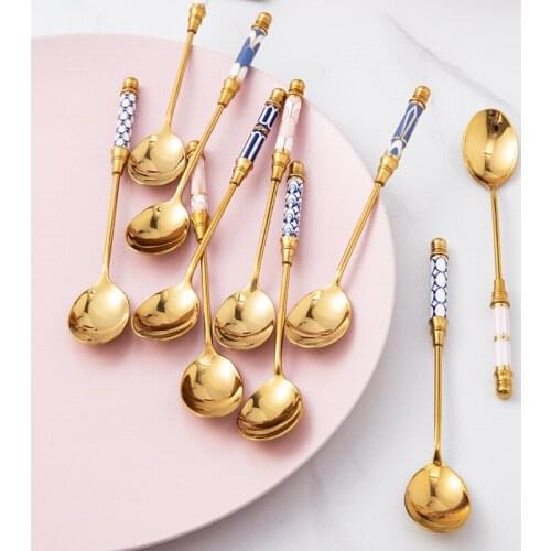 Stainless Steel Spoon Ceramic Handle Ice Cream Fruit Coffee Stirrings Teaspoon Dessert Cake Honey Tableware